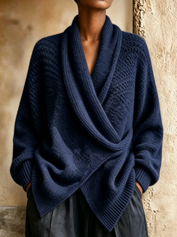 Navy shawl collar wrap sweater