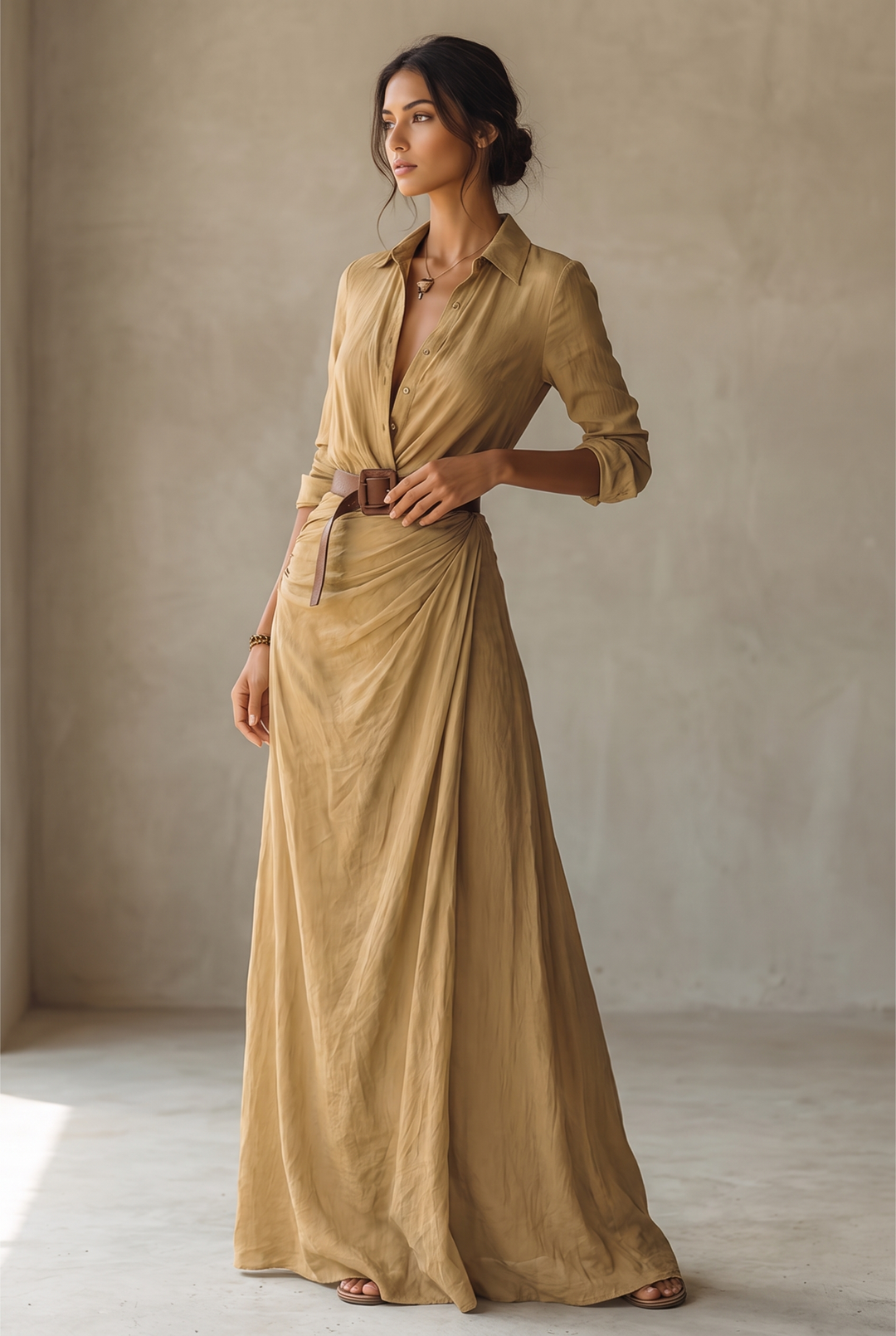Women's shirt dress, belted long sleeve maxi in khaki