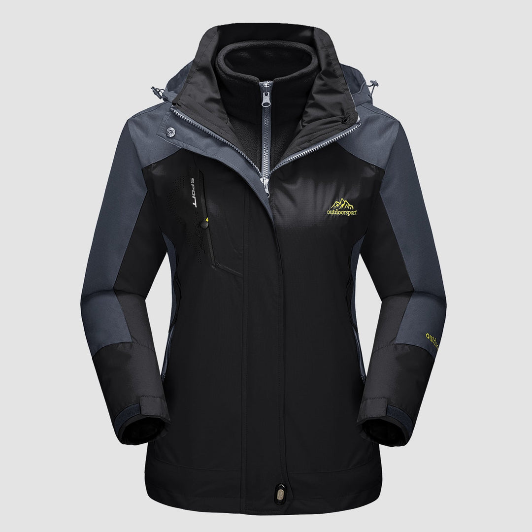 Black ski jacket with gray shoulder panels and inner fleece