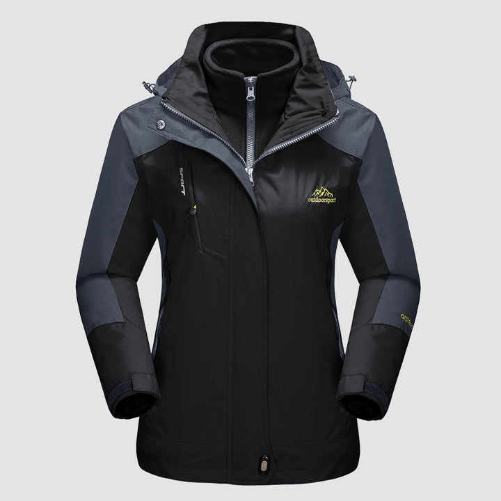 Black ski jacket with gray shoulder panels and inner fleece