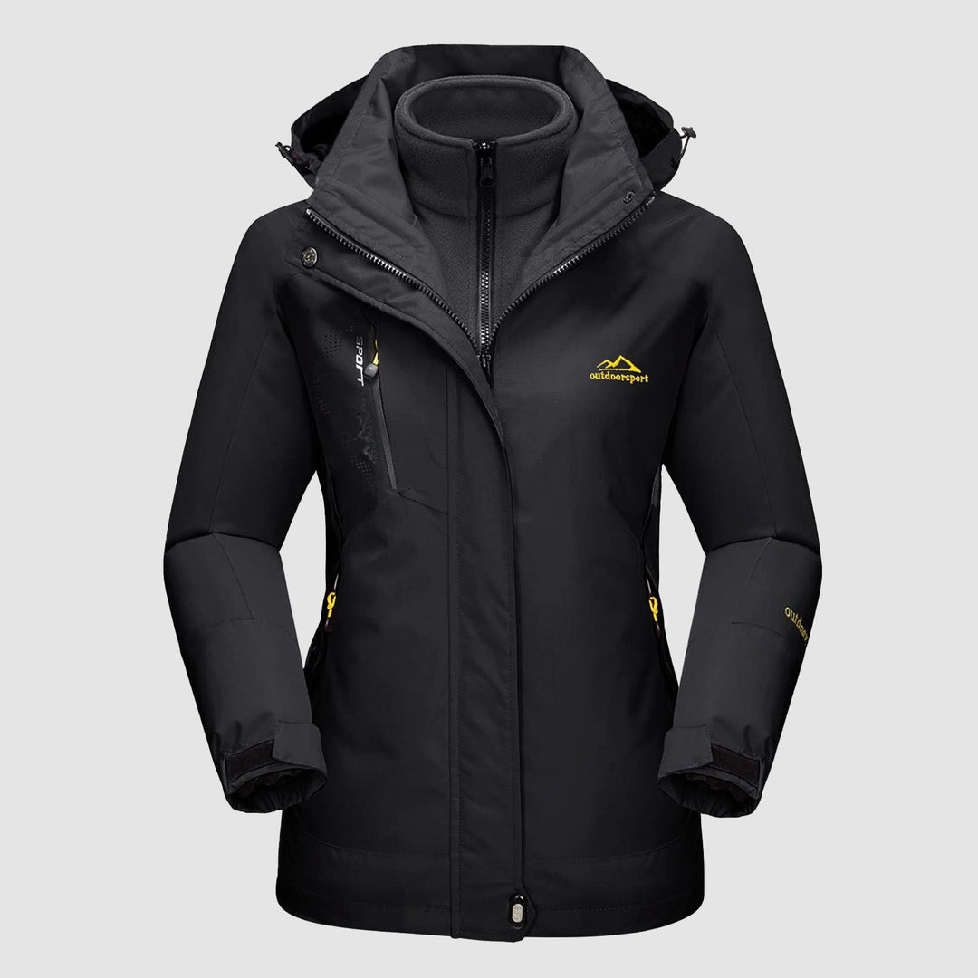All black 3 in 1 ski jacket with hood and inner fleece