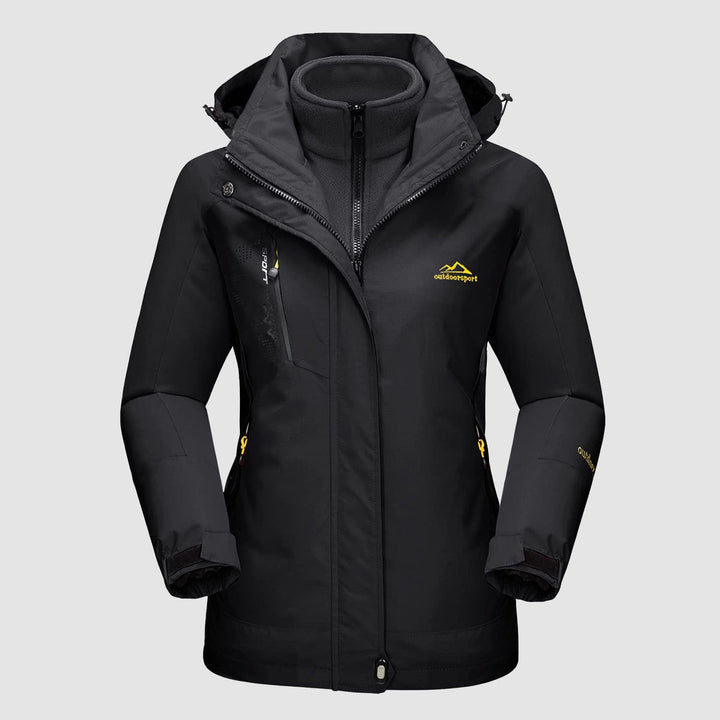 All black 3 in 1 ski jacket with hood and inner fleece