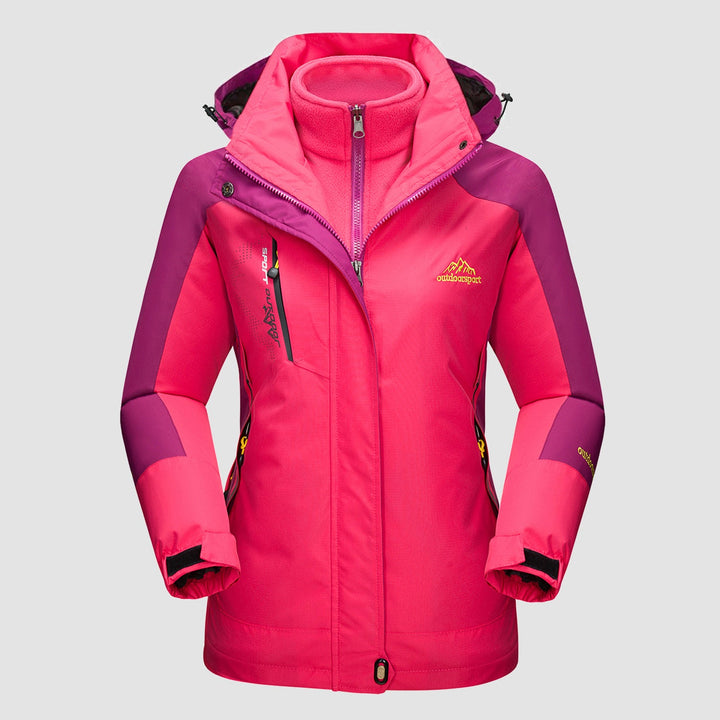 Rose pink ski jacket with berry shoulder panels