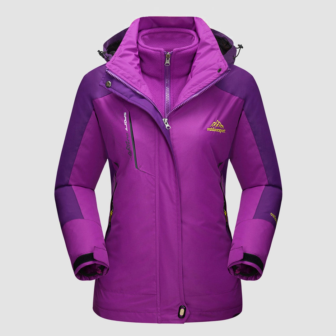 Violet ski jacket with dark purple shoulder panels and hood