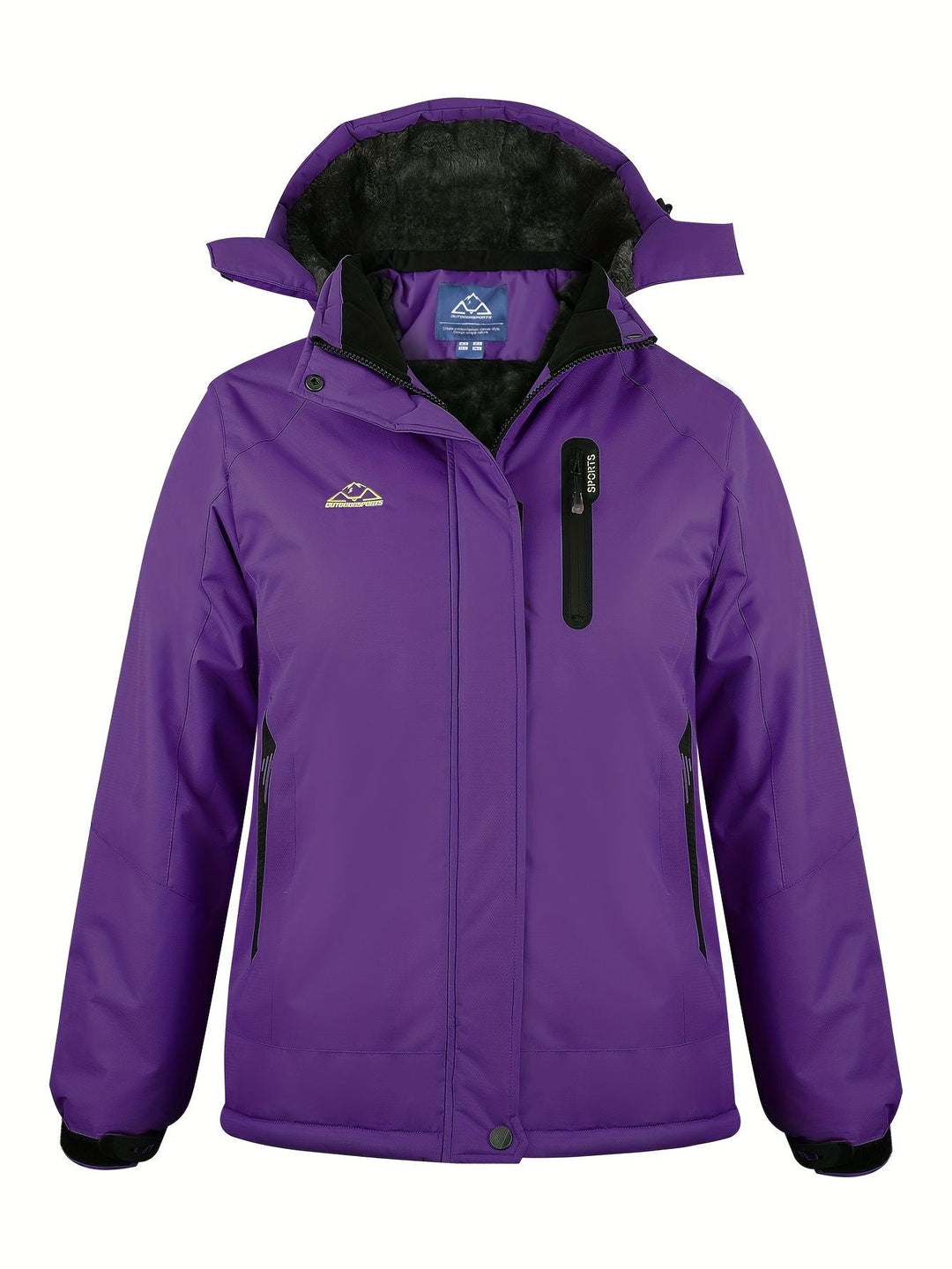 Women's ski jacket in purple, padded hooded winter coat with zip pockets