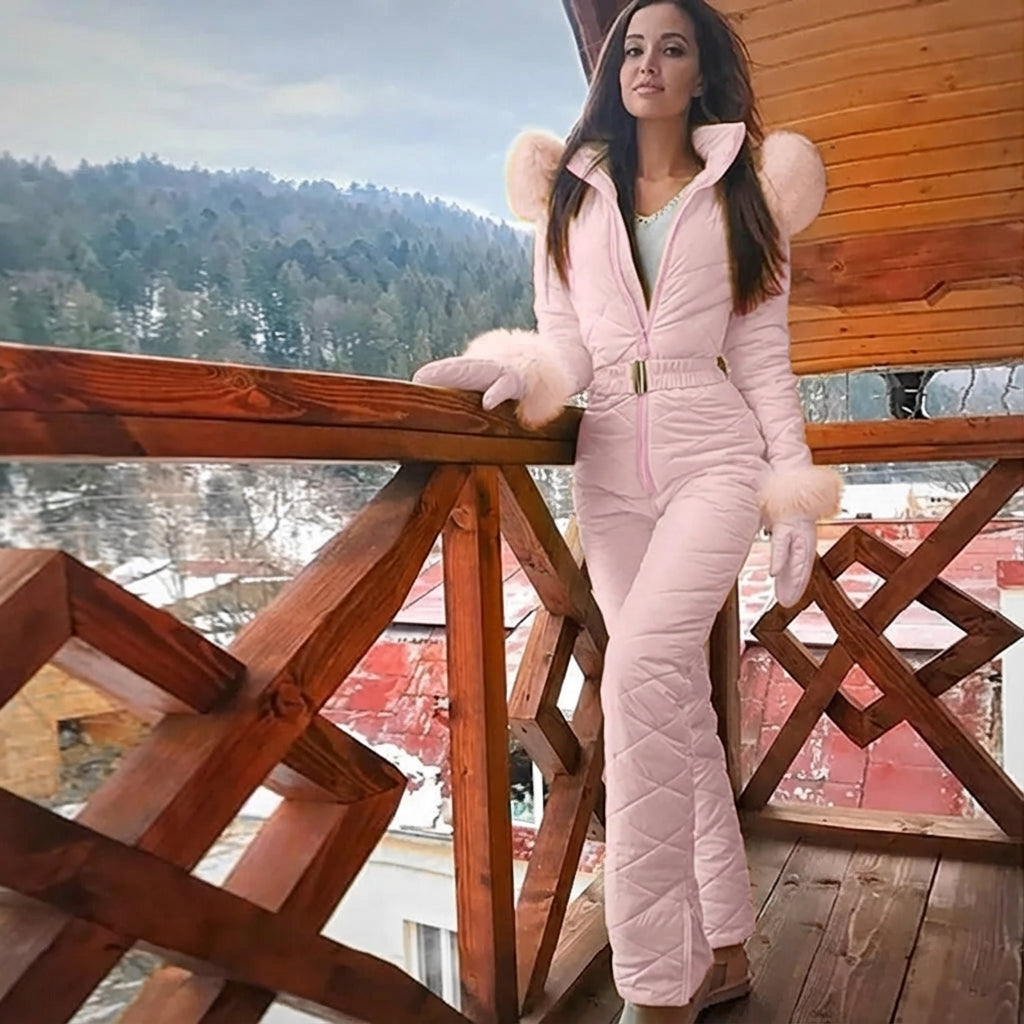 Women's ski suit, one piece snowsuit with faux fur hood, photo 1