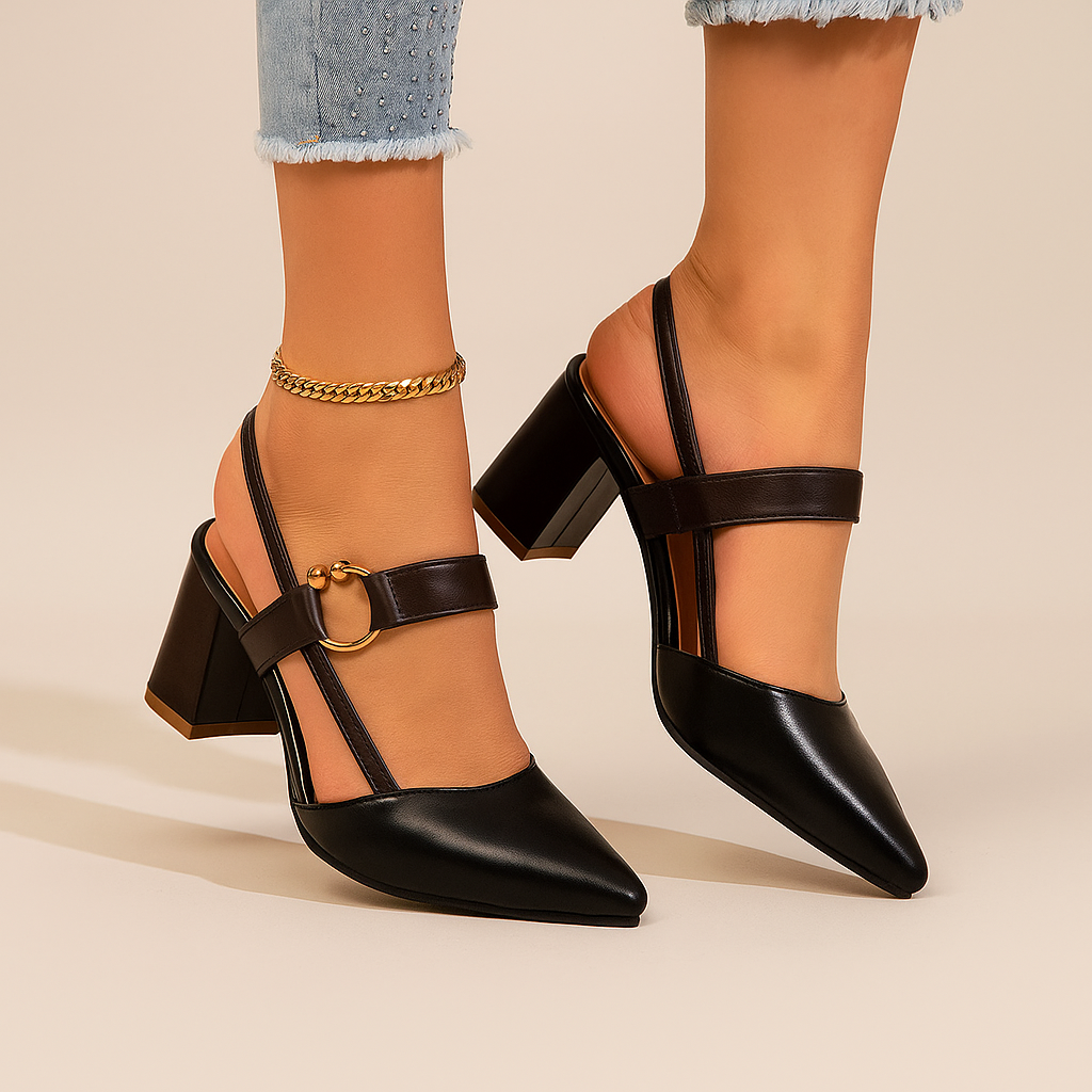 Black pointed toe slingback pumps with brown straps and block heel, front view