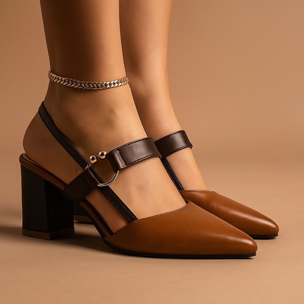 Cognac pointed toe slingback pumps with block heel and brown ankle strap, front view
