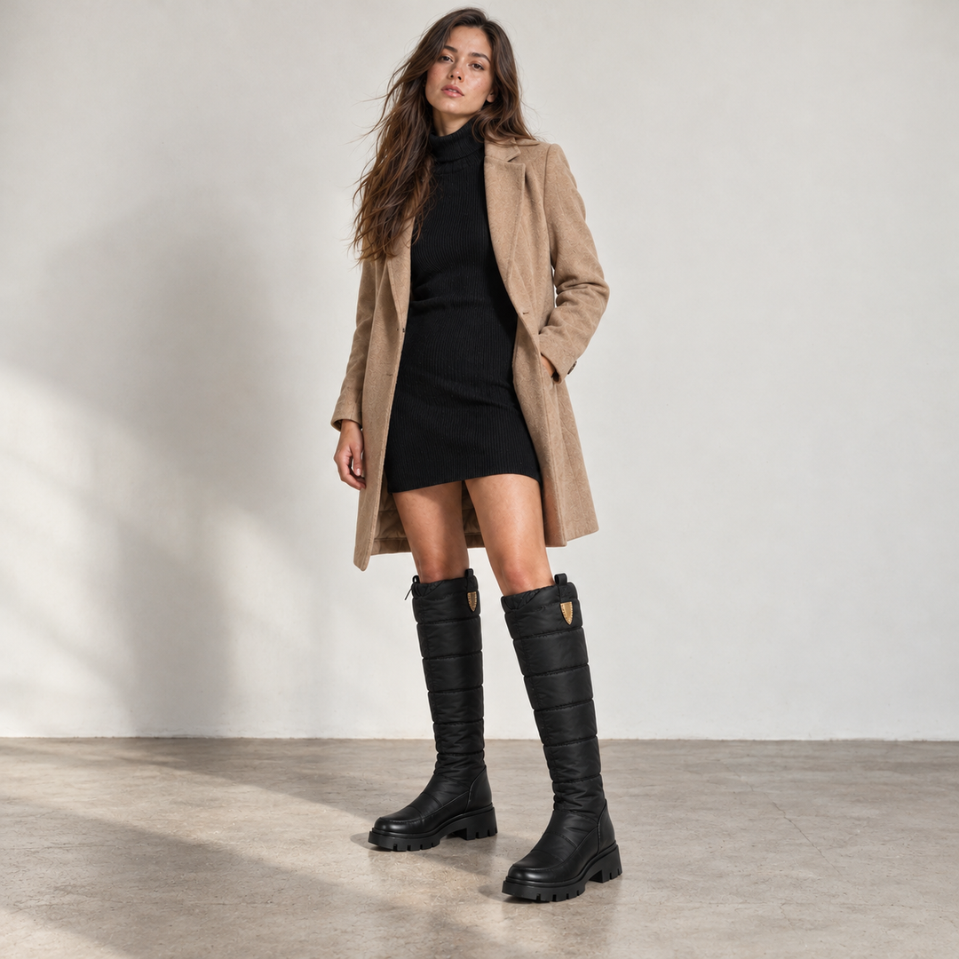 Woman wearing black knee high snow boots with a camel coat and black dress