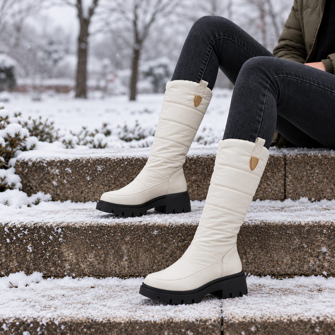 White knee high snow boots worn on snowy stone steps