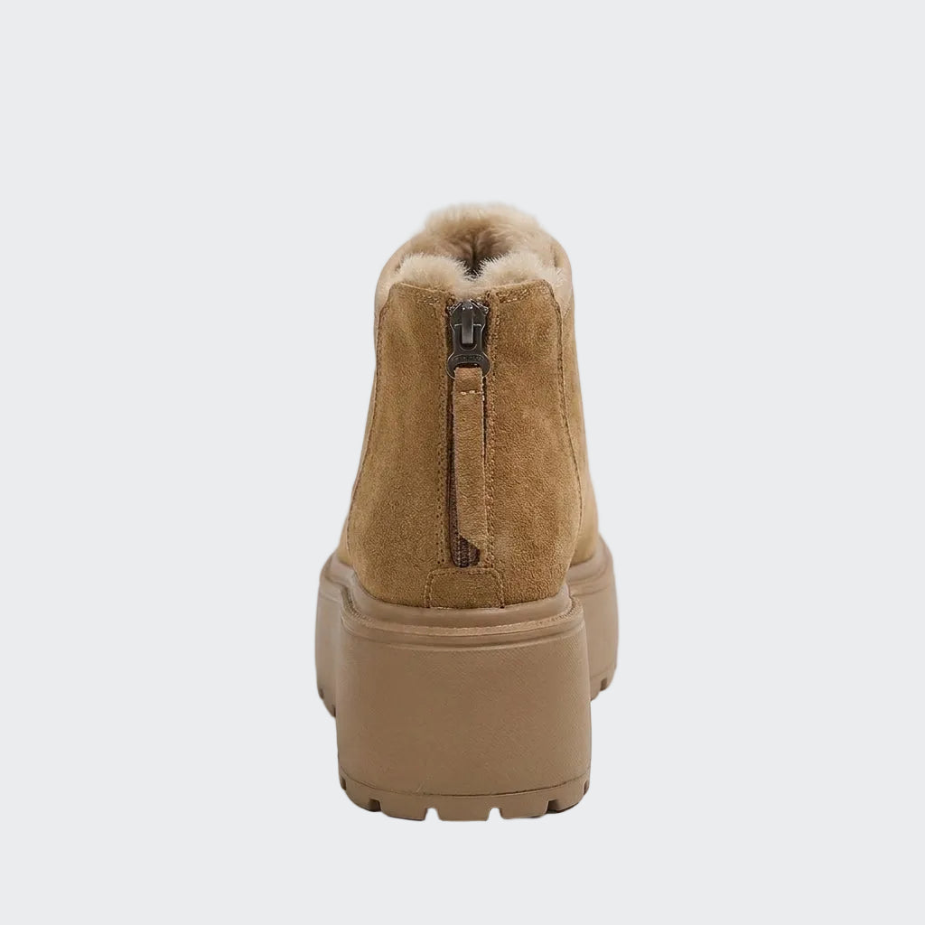 Back view of the camel platform ankle boot with zipper