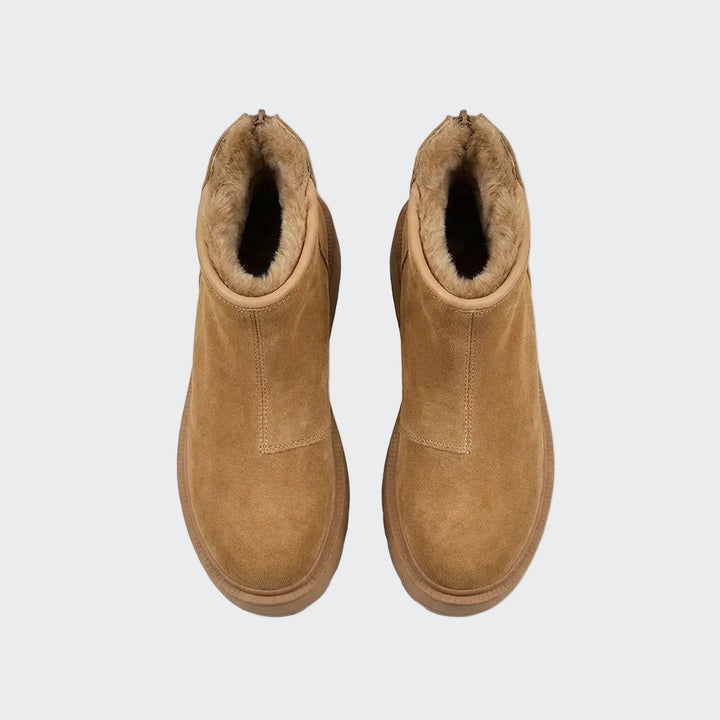 Pair of camel ankle snow boots seen from above with faux fur lining