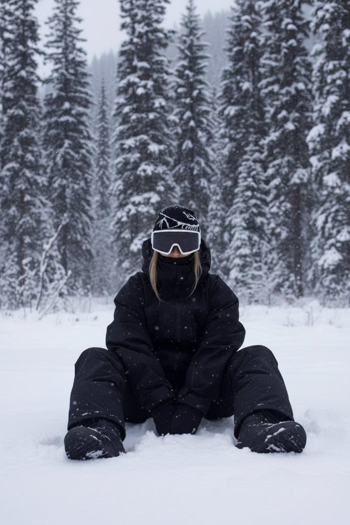 Snowboarder in the black jacket sitting in a snowy forest