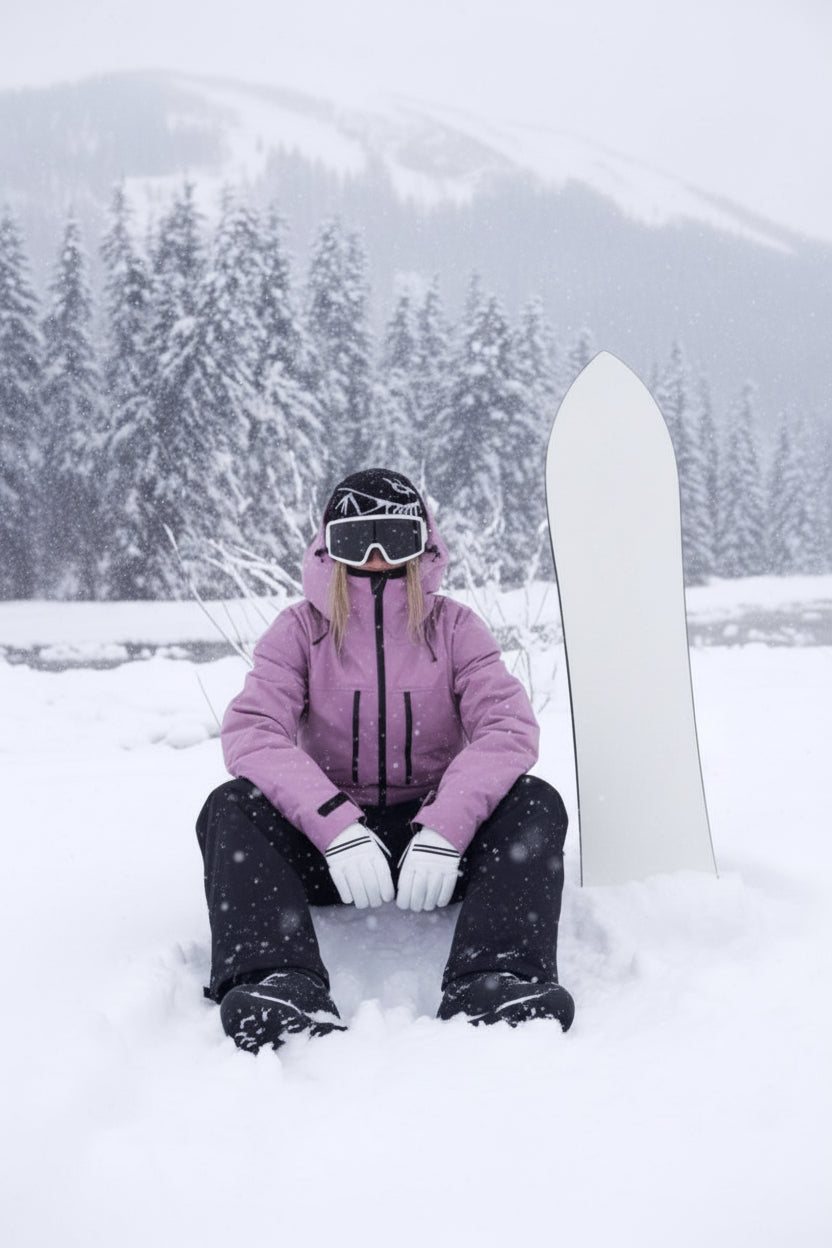 Snowboarder in the pink jacket sitting in fresh snow