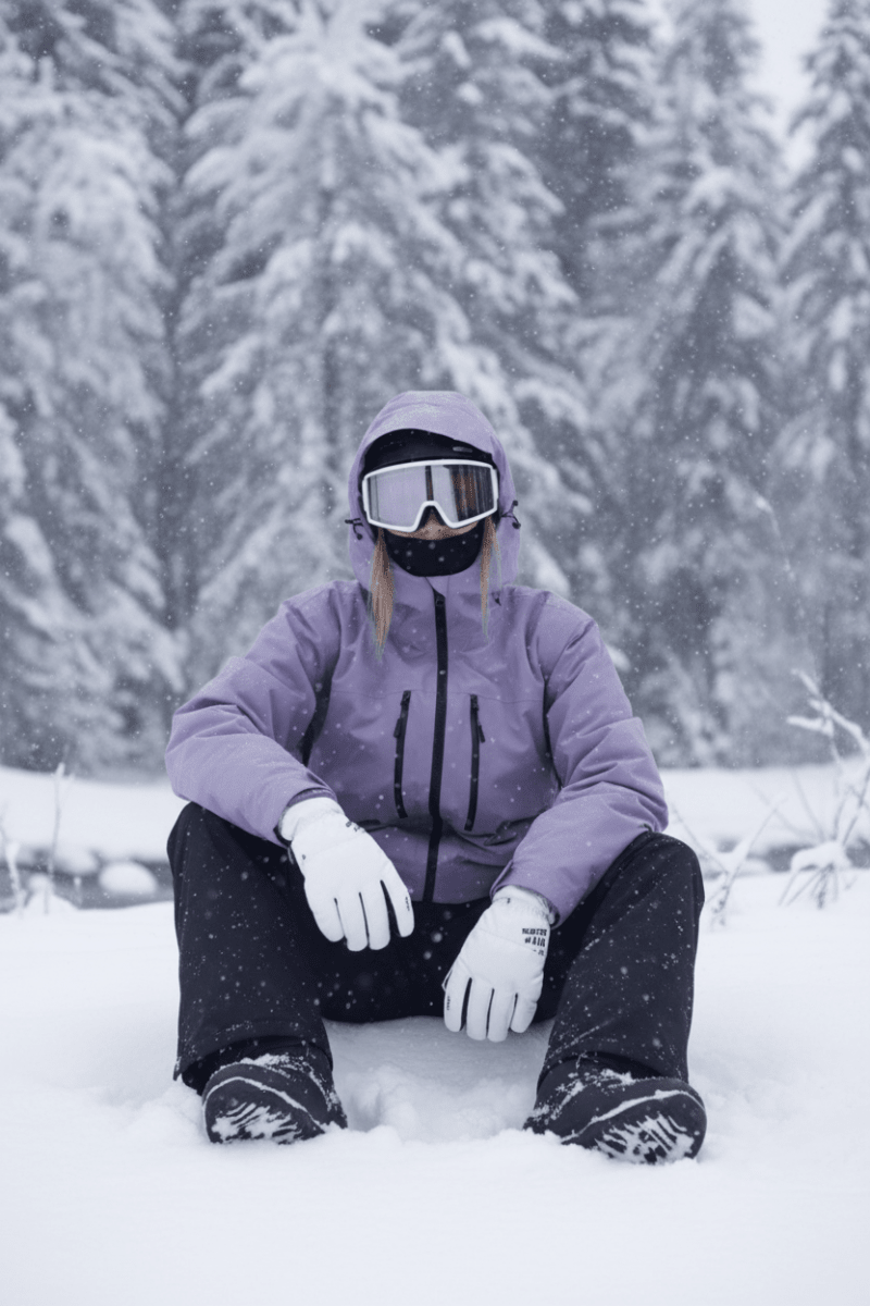 Snowboarder in the purple jacket resting in the snow