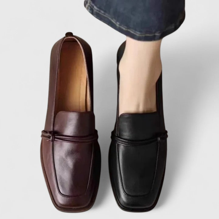 Women's square toe loafers in oxblood and black, pair shown from above
