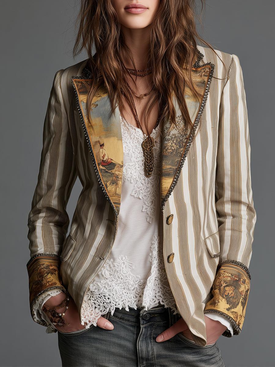 Women's striped blazer in khaki stripe, printed lapels and cuffs