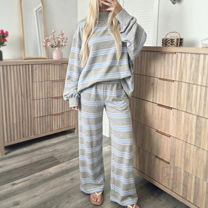 Gray striped mock neck pullover with matching wide leg pants, standing view