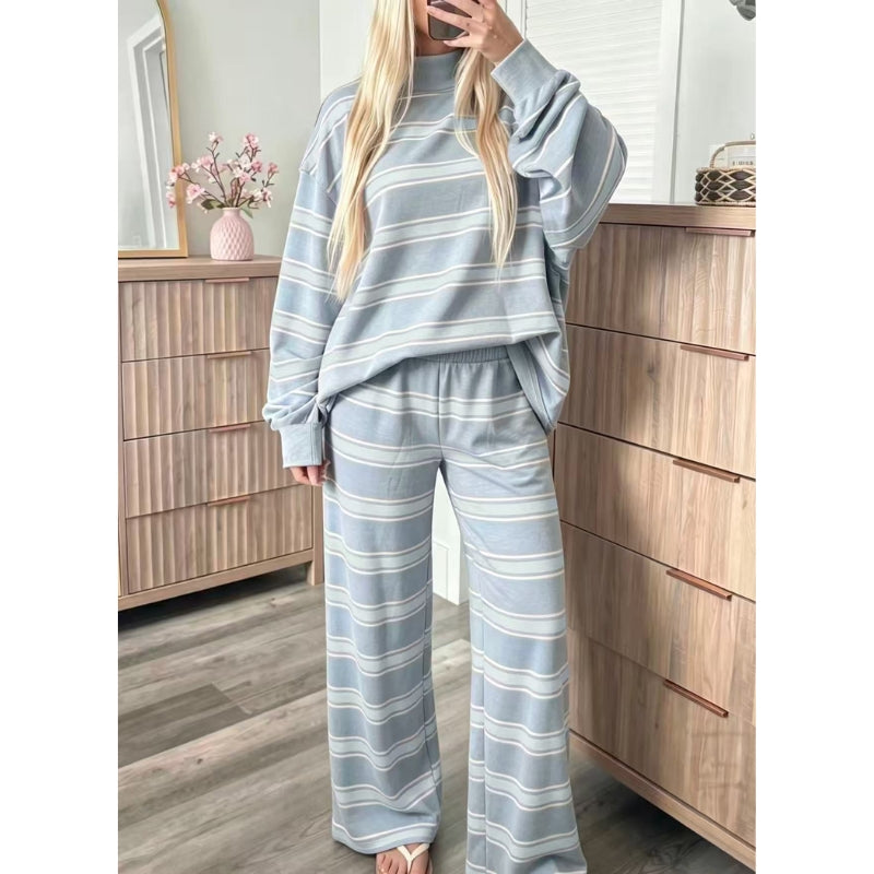 Women's striped lounge set in light blue, mock neck pullover and wide leg pants
