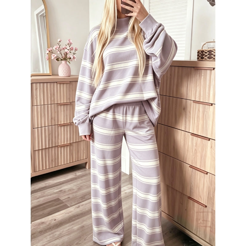 Lilac striped mock neck pullover and wide leg pants set on model