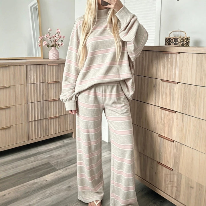 Oatmeal striped lounge set worn with a relaxed pullover and wide leg pants