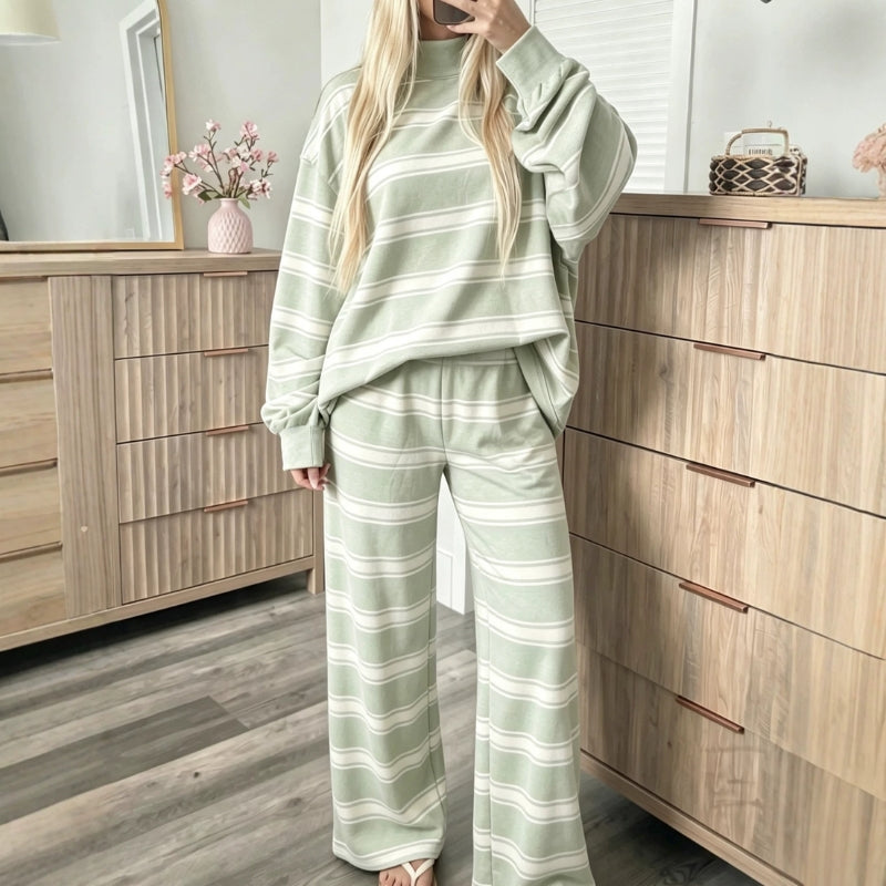 Sage striped lounge set with an oversized pullover and wide leg pants