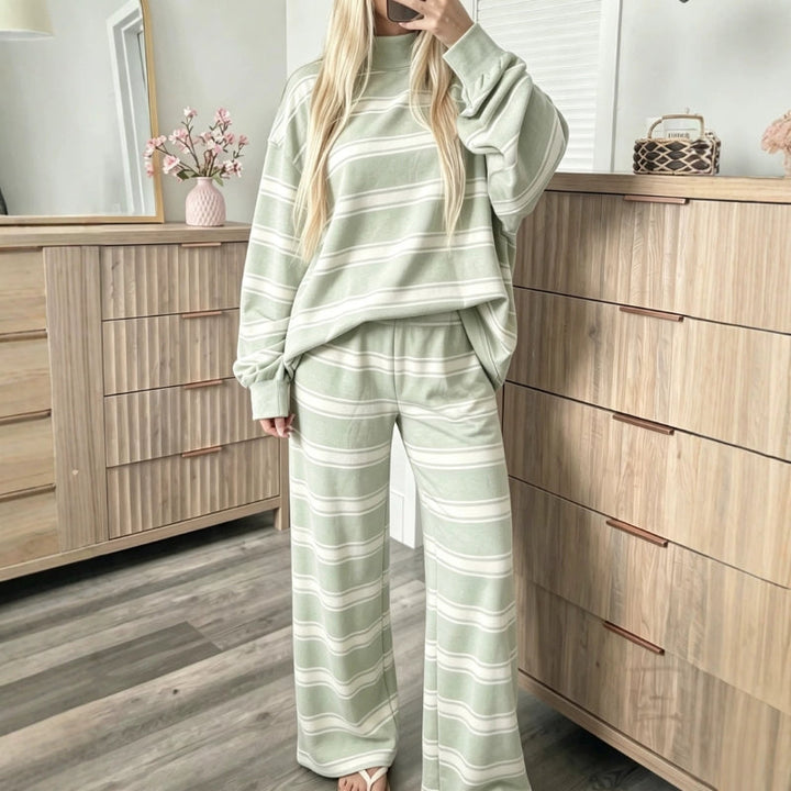 Sage striped lounge set with an oversized pullover and wide leg pants