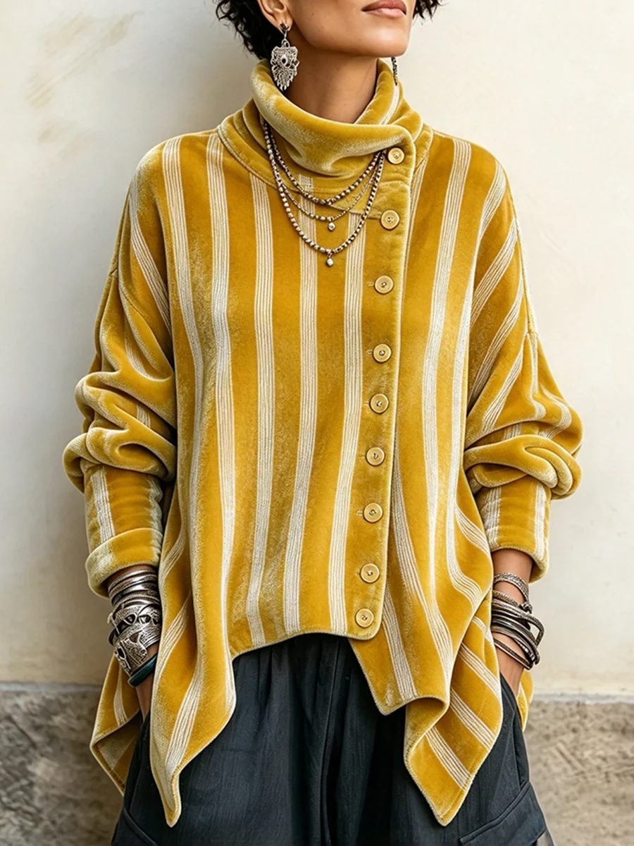 Women's striped velvet top in mustard yellow