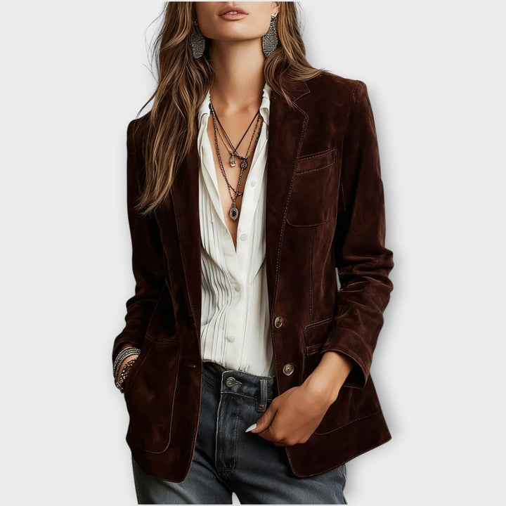 Dark brown suede-look blazer with notch lapel styled with a striped shirt and jeans