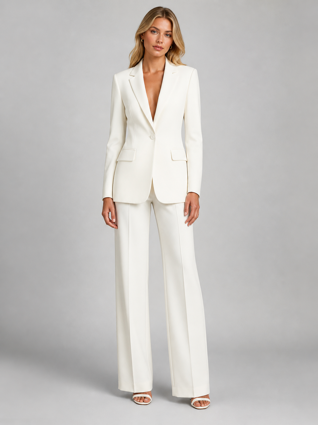 Women's white blazer and trouser suit set, full-length view on a model