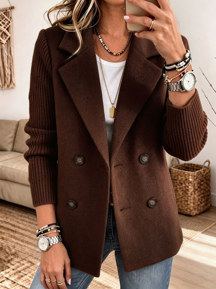 Dark brown blazer with ribbed knit sleeves