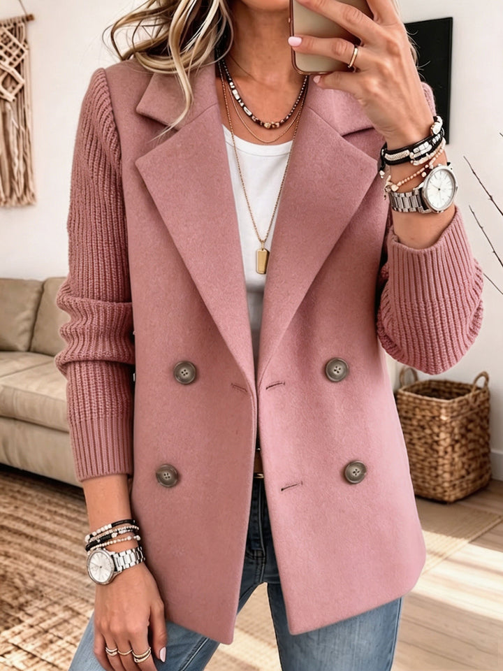 Pink double breasted blazer with ribbed knit sleeves