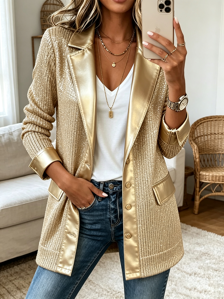 Mirror selfie in the gold sweater blazer with layered necklaces