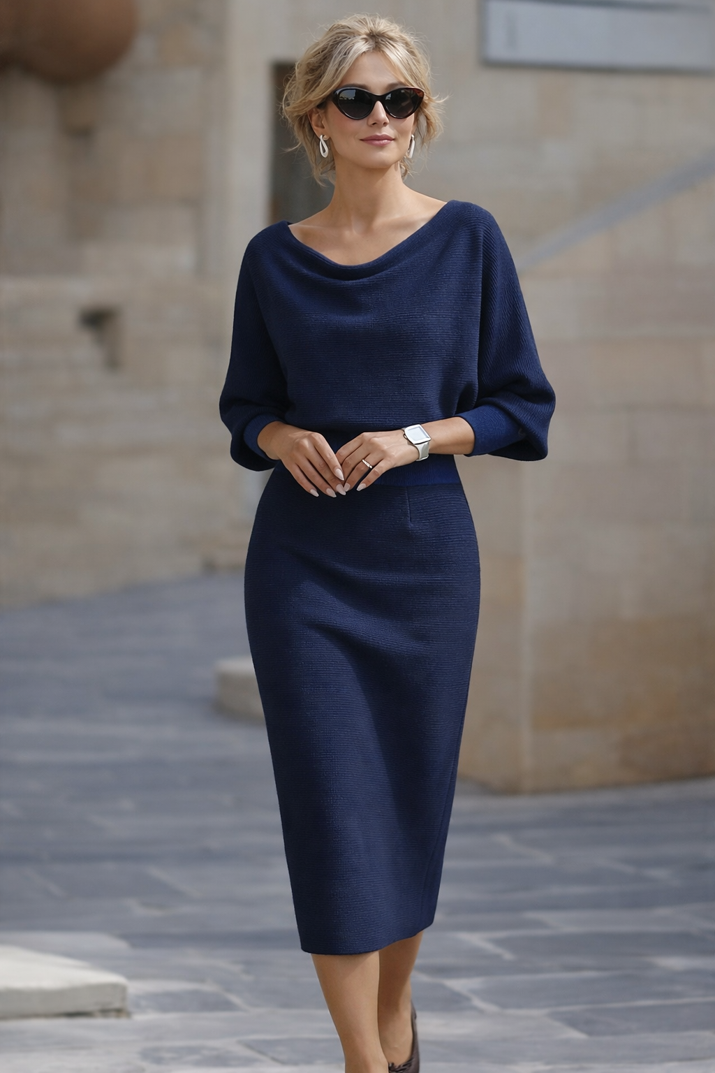 Women's sweater dress, cowl neck midi with batwing sleeves in navy
