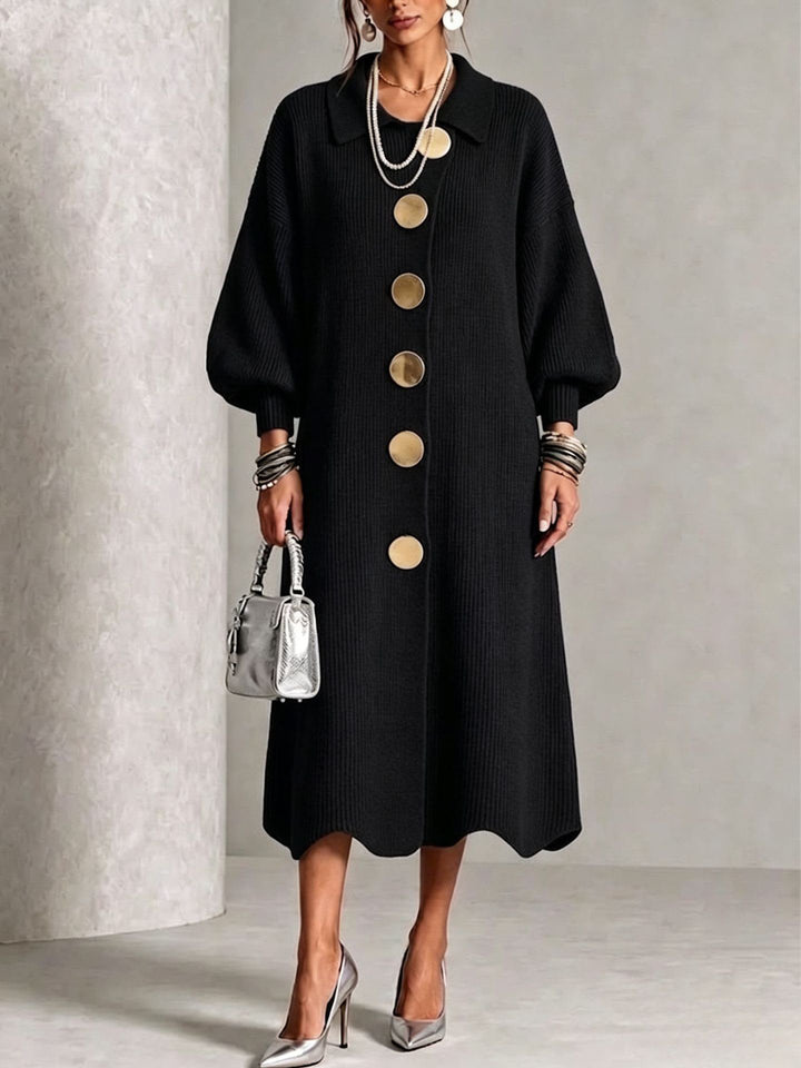 Black button down midi sweater dress with gold buttons and puff sleeves on a model, front view