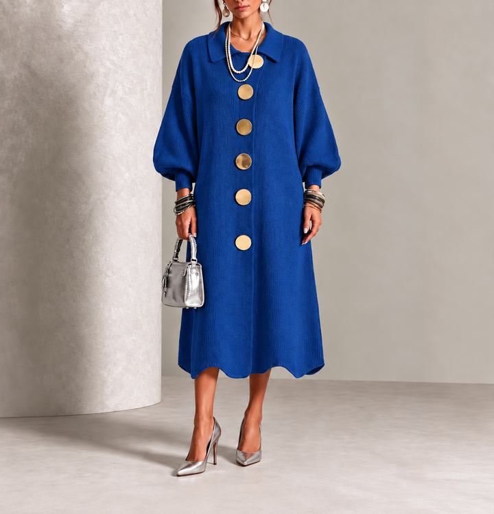 Bright blue button down midi sweater dress with gold buttons on a model, front view