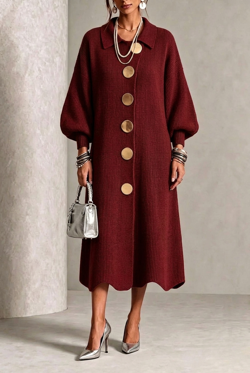 Burgundy button down midi sweater dress with gold buttons on a model, front view