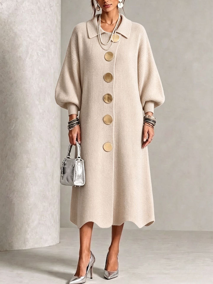 Cream button down midi sweater dress with gold buttons on a model, front view