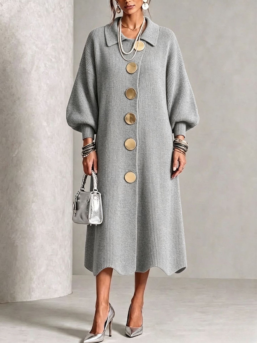 Light gray button down midi sweater dress with gold buttons on a model, front view