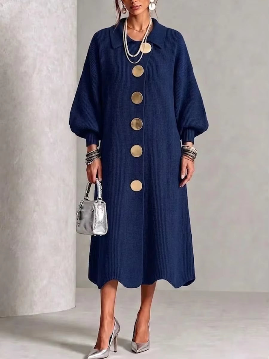 Women's sweater dress in navy, long sleeve button down midi shirt dress with scalloped hem