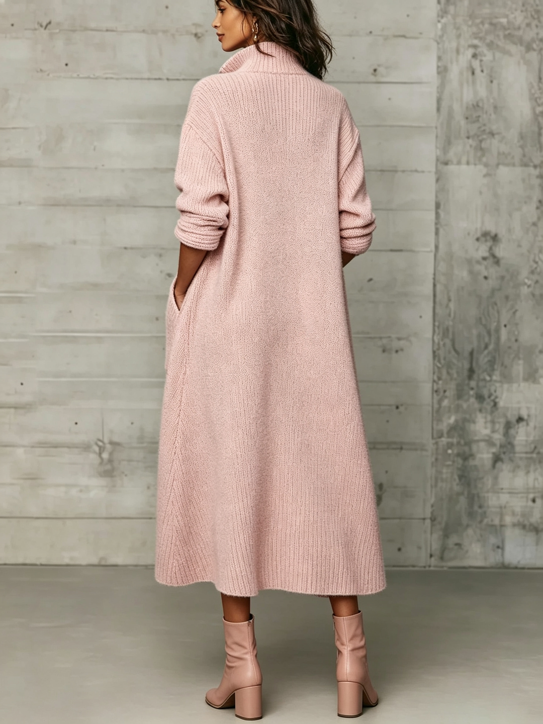 Back view of the pink ribbed midi dress with dropped shoulders