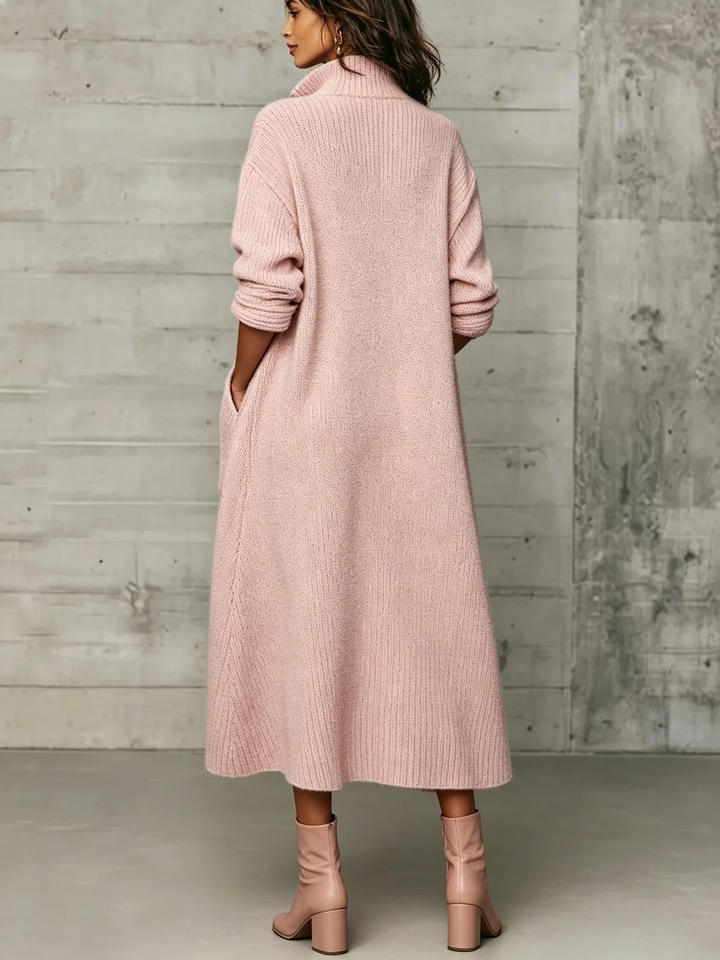 Back view of the pink ribbed midi dress with dropped shoulders