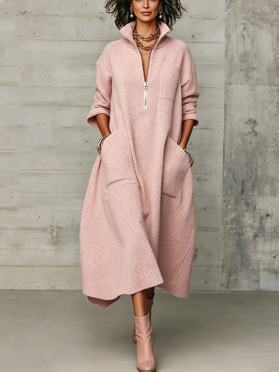Women's sweater dress in pink, midi length with quarter zip collar and patch pockets