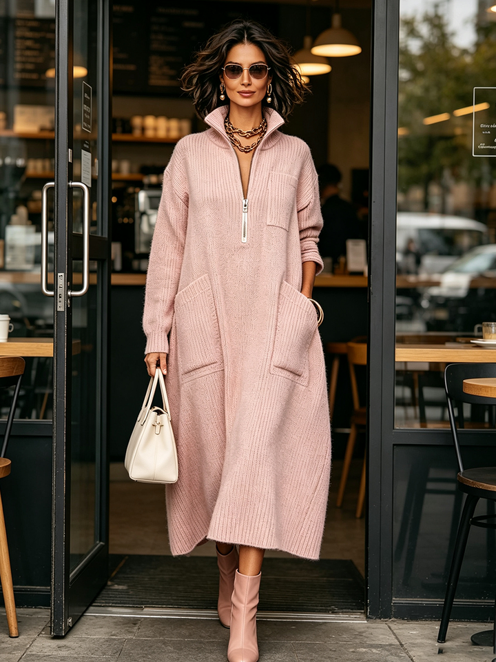 Woman leaving a cafe in the pink knit dress and matching ankle boots
