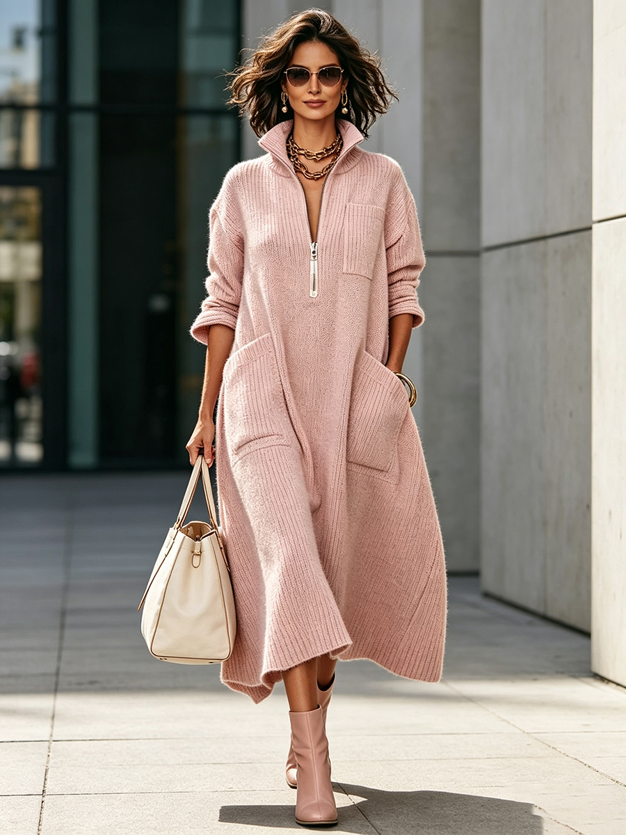 Woman walking in the city with a cream tote in the pink sweater dress
