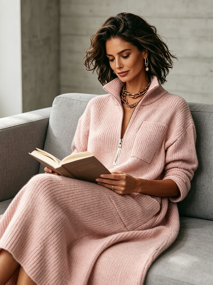 Woman reading on a sofa in the pink quarter zip sweater dress