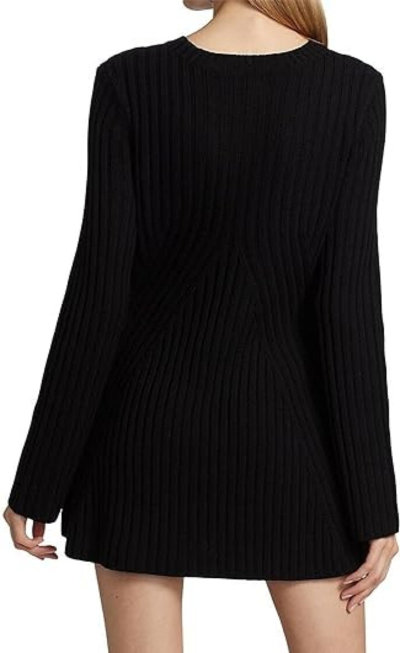 Back view of the black ribbed knit mini dress with long sleeves