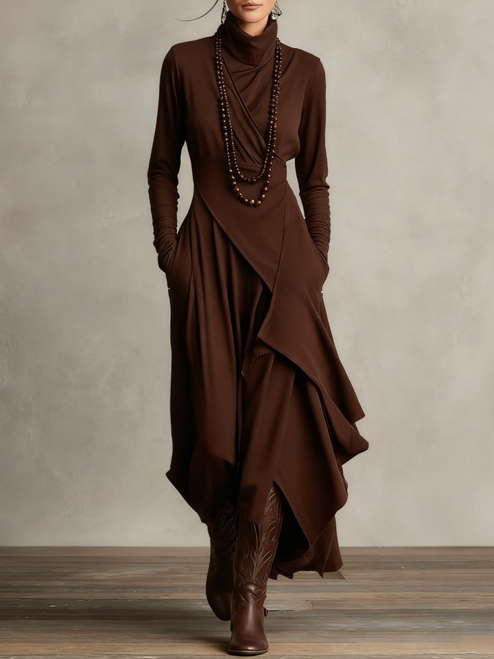 Brown asymmetric draped maxi sweater dress with turtleneck, front view