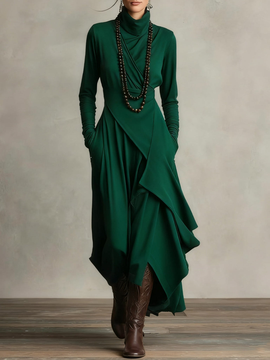 Green draped maxi sweater dress with turtleneck and long sleeves, front view