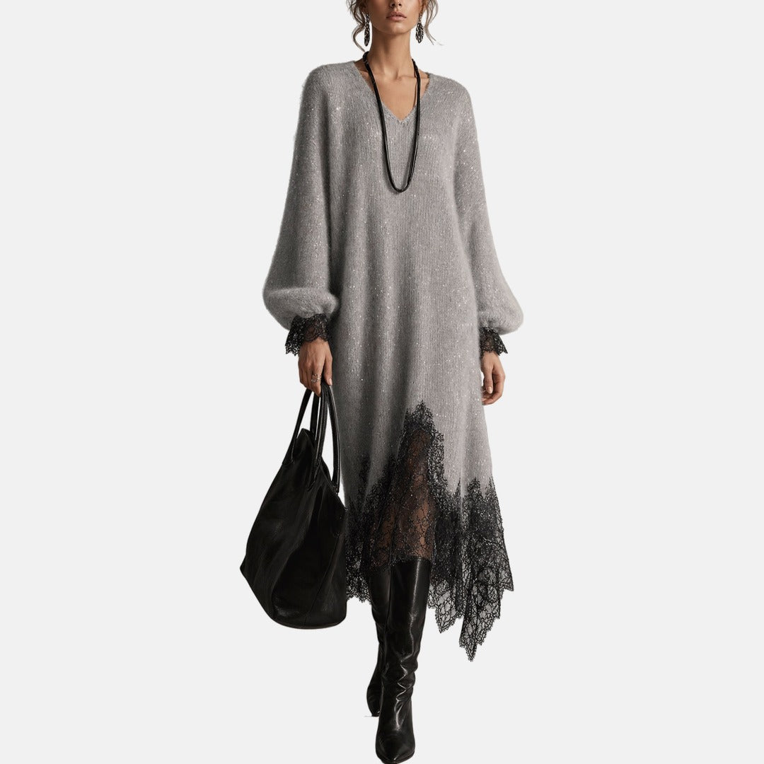 Women's Sweater Dress | V Neck Balloon Sleeve with Lace Trim Hem